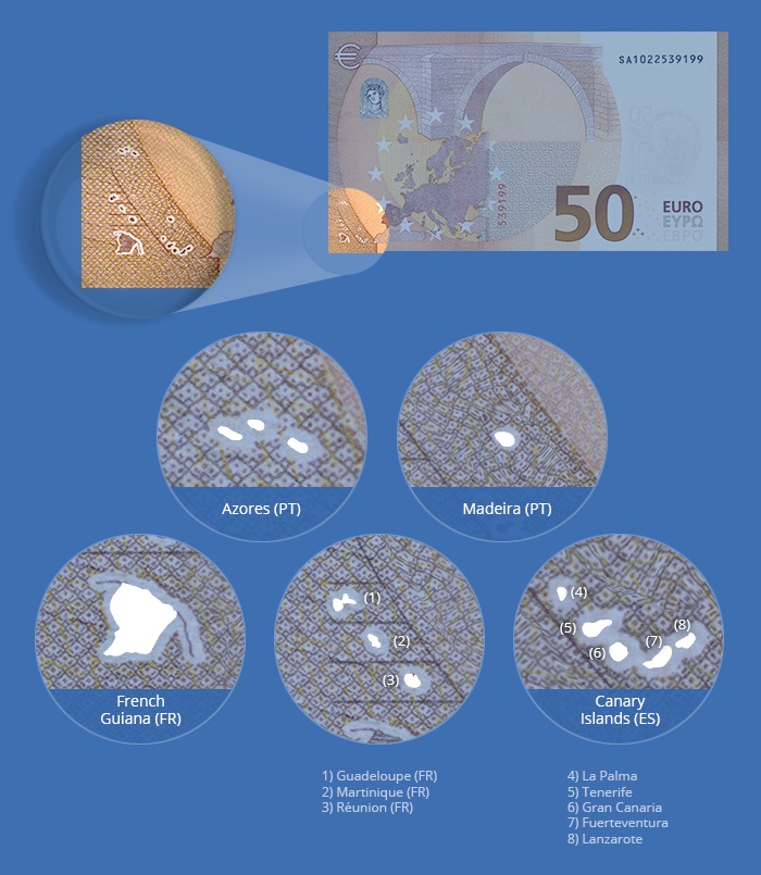 Territories Which territories are depicted in the box next to the map of Europe on the euro banknotes?