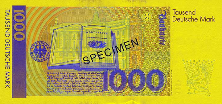 1,000 Deutsche Mark banknote backside 1,000 Deutsche Mark banknote backside