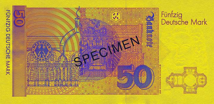 50 Deutsche Mark banknote backside 50 Deutsche Mark banknote backside