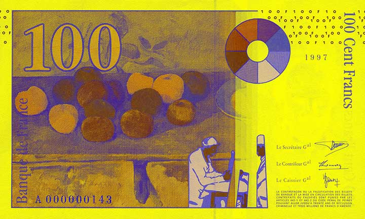 100 French franc banknote backside 100 French franc banknote backside
