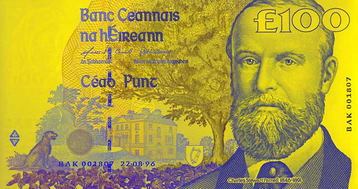 100 Irish pound banknote frontside 100 Irish pound banknote frontside