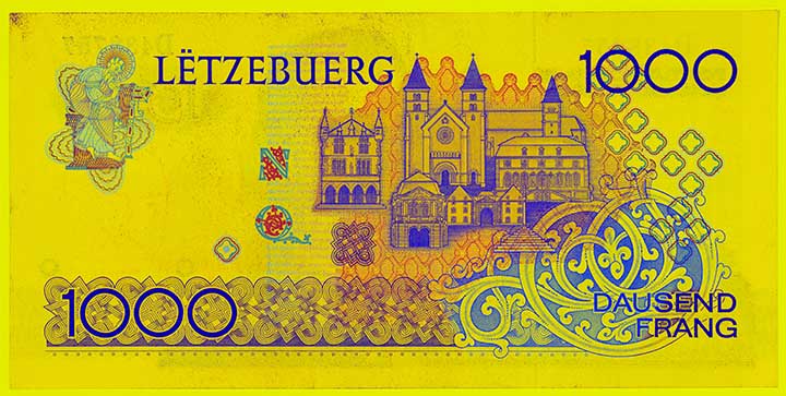 1,000 Luxembourg franc banknote frontside 1,000 Luxembourg franc banknote frontside