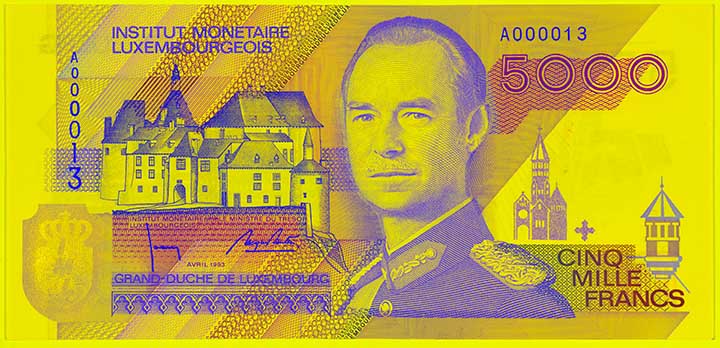 5,000 Luxembourg franc banknote backside 5,000 Luxembourg franc banknote backside