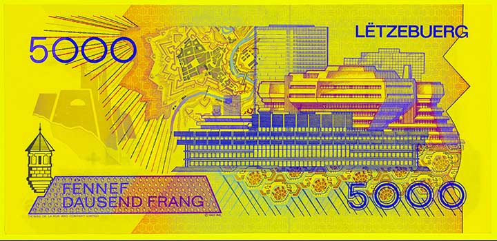 5,000 Luxembourg franc banknote frontside 5,000 Luxembourg franc banknote frontside