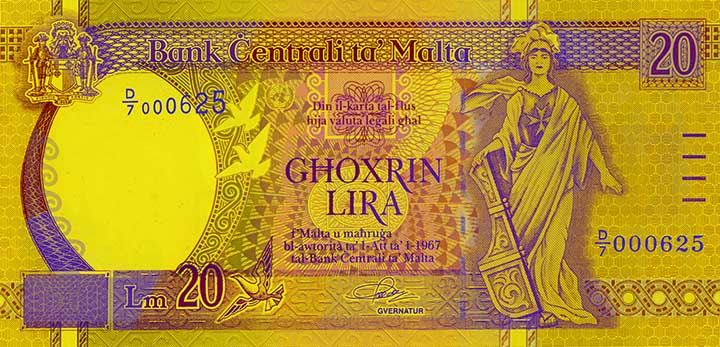 20 Maltese lira banknote frontside 20 Maltese lira banknote frontside