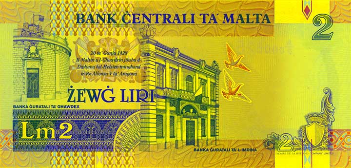 2 Maltese lira banknote backside 2 Maltese lira banknote backside