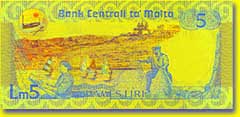 5 Maltese lira banknote backside 5 Maltese lira banknote backside