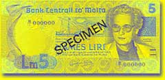 5 Maltese lira banknote frontside 5 Maltese lira banknote frontside