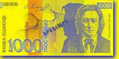 1,000 Slovenian tolar banknote frontside 1,000 Slovenian tolar banknote frontside