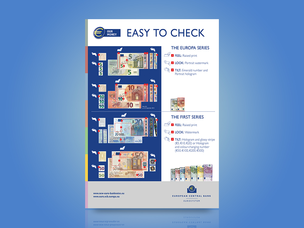 Poster on the security features of the first series of euro banknotes and the Europa series €5 and €10 banknotes.