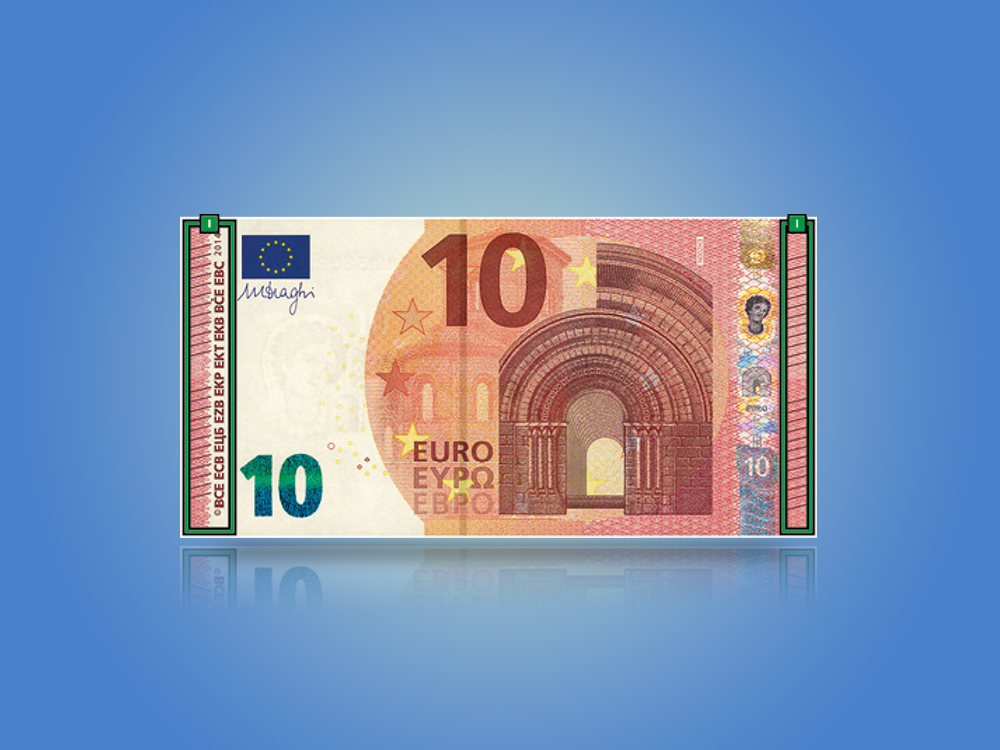 Card that shows the security features of the Europa series €10 banknote when tilted.