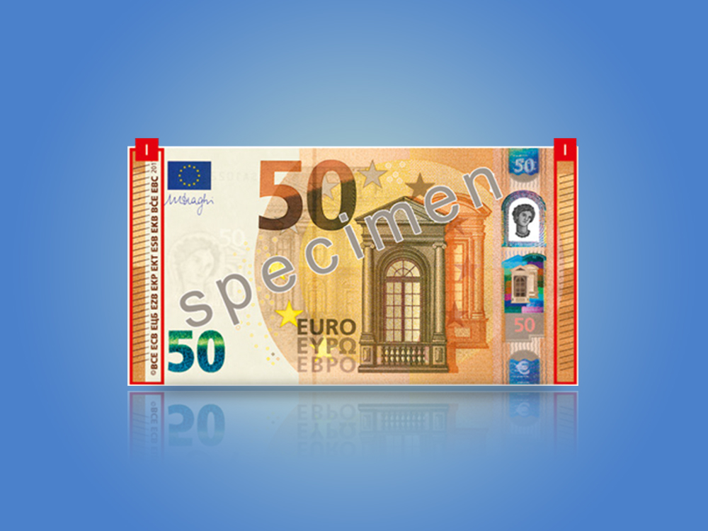 Card that shows the security features of the Europa series €50 banknote when tilted.